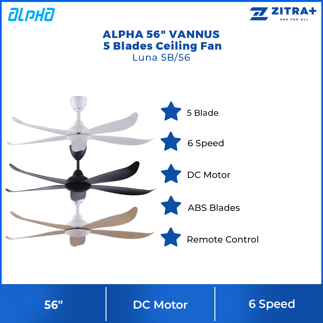 ALPHA (VANNUS) 56" 5 Blades Ceiling Fan  Luna 5B/56 | Low Noise | Timer | Forward Reverse | 6 Speed | Ceiling Fan with 1 Year Warranty