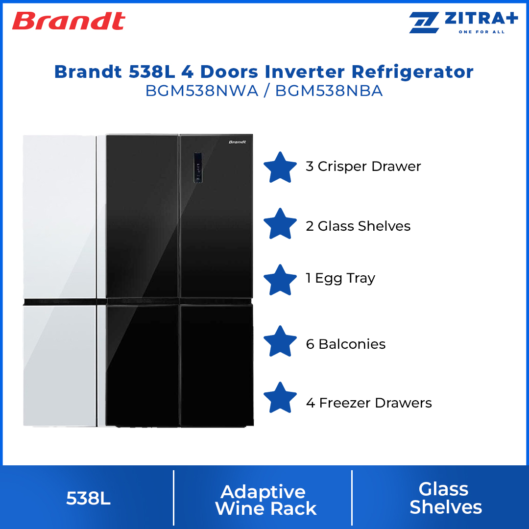 Brandt 538L 4 Doors Inverter Refrigerator BGM538NWA | Crisper Drawer | Glass Shelves | Freezer Drawers | Refrigerator with 1 Year Warranty