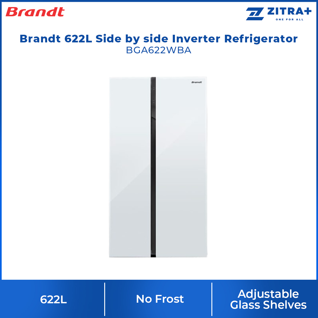 Brandt 622L Side by side Inverter Refrigerator BGA622NBA | Adjustsble Glass Shelves | Door Alarm | Forced - Air | Refrigerator witn 1 Year Warranty