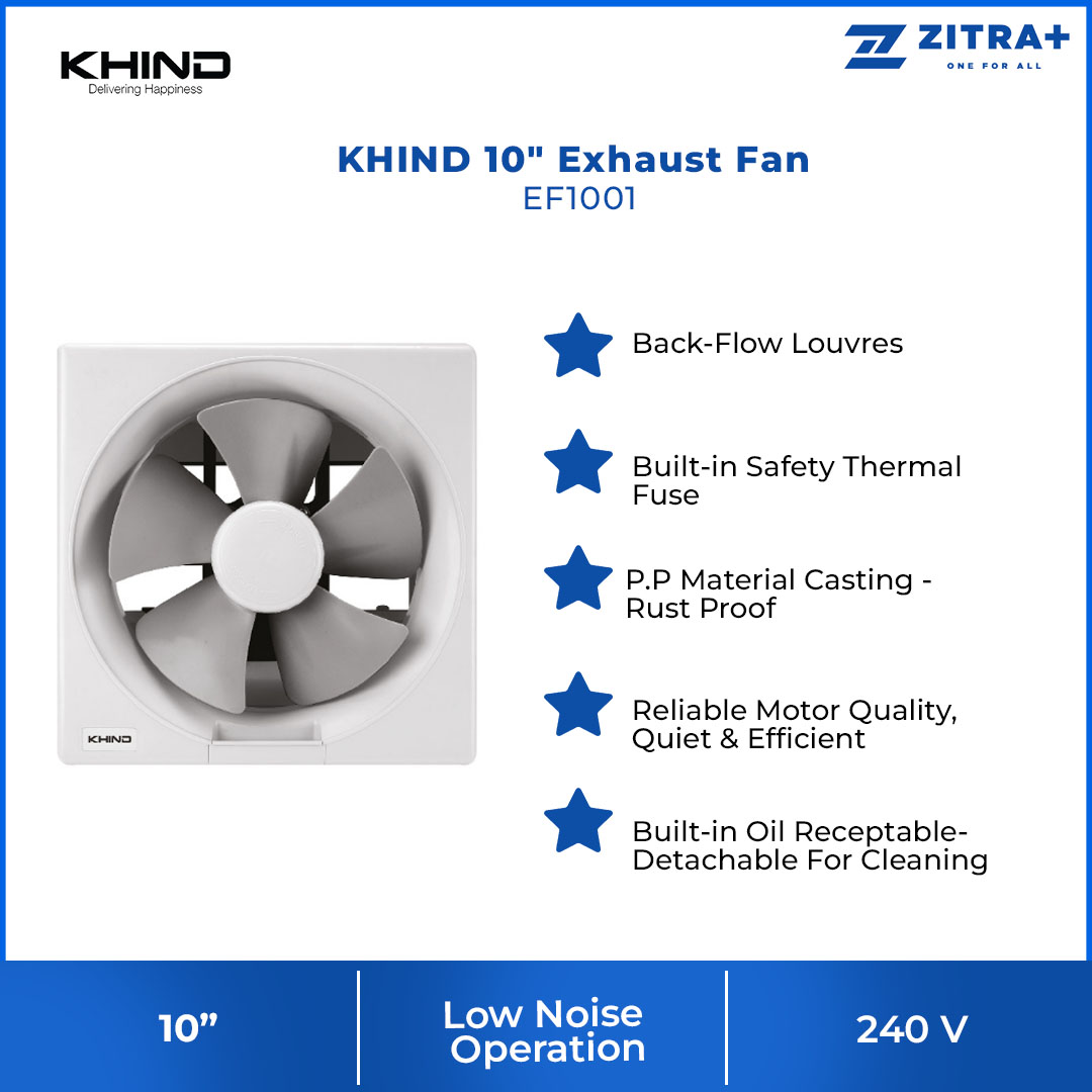 KHIND 10" Exhaust Fan EF1001 | Built-in Safety Thermal Fuse | Back-Flow Louvres | Built-in Oil Receptable-Detachable For Cleaning | Exhaust Fan with 1 Year General Warranty & 3 Years Motor Warranty