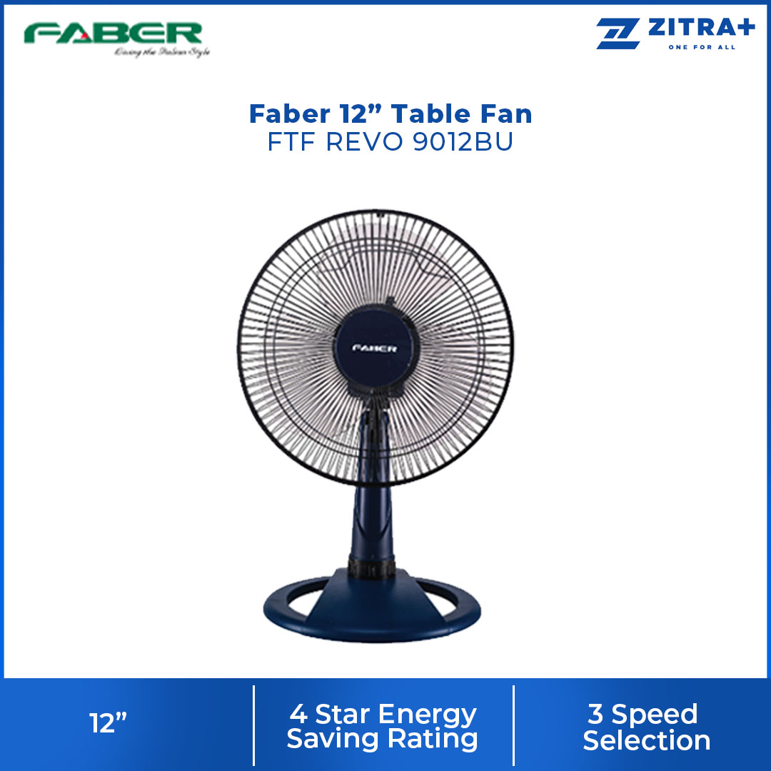 FABER 12" Table Fan FTF REVO 9112GR / FTF REVO 9012BU | 3 Speed | 100% Copper Motor | 4 Star Energy Rating | 51.5dB Noise Level | Table Fan with 1 Year General Warranty & 2 Years Motor Warranty
