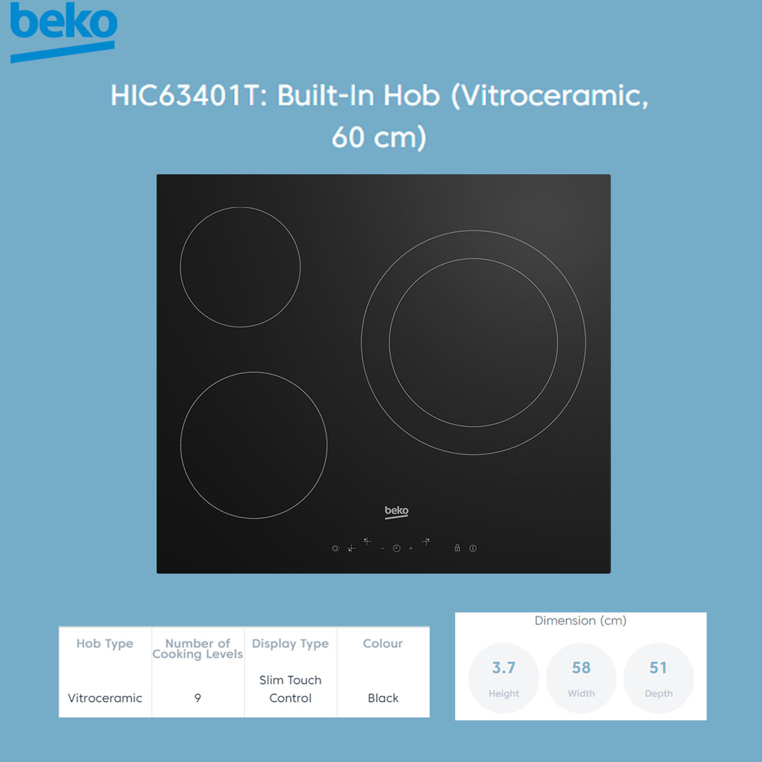 Beko 3 Burners Vitroceramic Built-In Hob HIC63401T | Slim Touch Control | 9 Cooking Levels | Residual Heat Indicator | Auto Shut-off | Built-In Hob with 2 Years Warranty