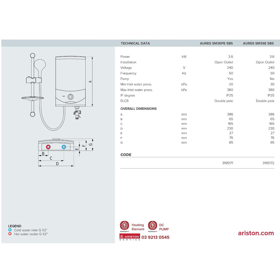 ARISTON 3600W DC Pump Electric Instant Water Heater SM36PESBS | 3 Sprays Shower | Protection From Water Splash | Double Pole ELCB | Water Heater with 1 Year General Warranty & 5 Years Heating Element Warranty