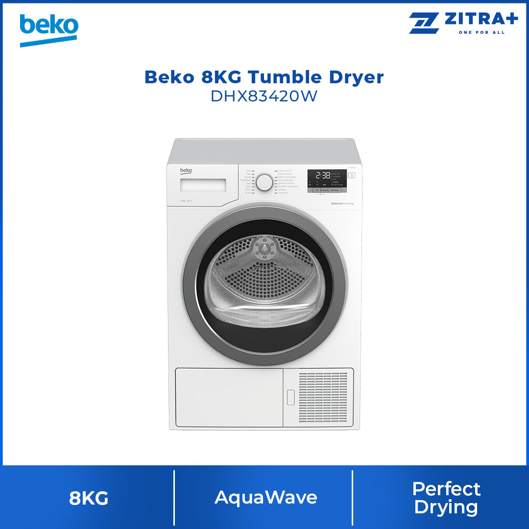Beko 8KG Tumble Dryer DHX83420W | Child Lock | Digital Display | OptiSense | Reverse Drum Action | AquaWave | Tumble Dryer with 2 Year Warranty