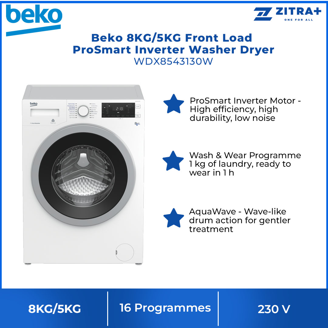 Beko 8KG/5KG Front Load ProSmart Inverter Washer Dryer WDX8543130W | 16 Programmes | AquaWave | Energy Efficiency Class: A | Overflow Safety | Washer Dryer with 2 Years General Warranty & 12 Years Motor Warranty
