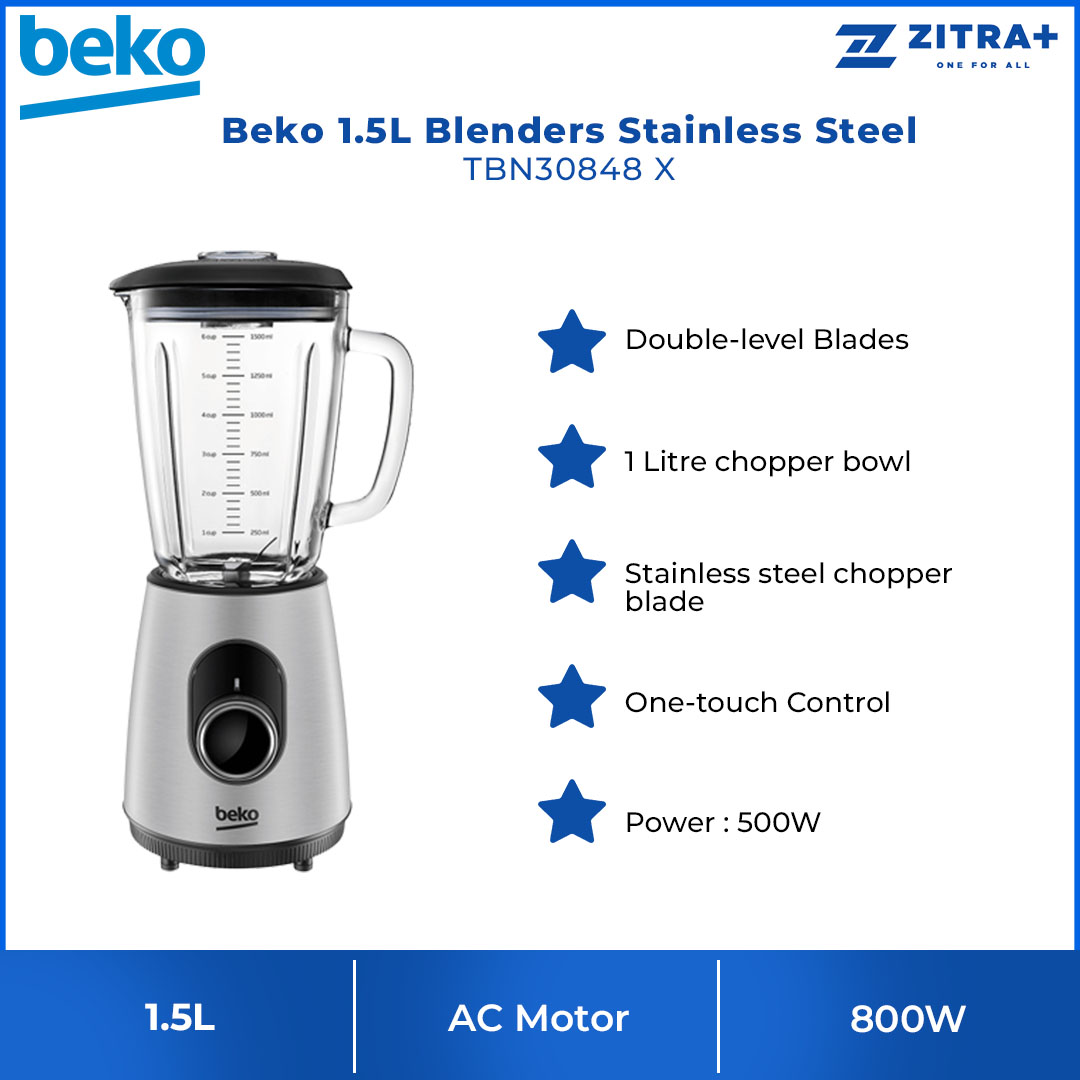Beko 1.5L Blender TBN30848 X | Ice-crushing | AntiSlip Feet | Adjustable Speed Settings | Pulse Function | Blender with 2 Years Warranty