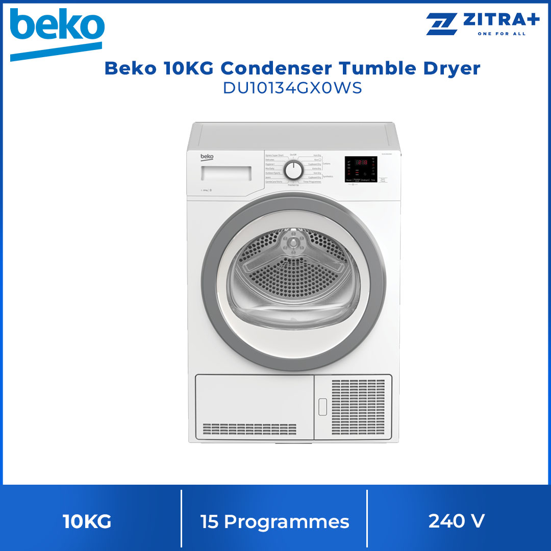 Beko 10KG Condenser Tumble Dryer DU10134GX0WS | 15 Programs | Xpress Super Short 14 min Programme | Flexible Time Delay Function | Condenser Cleaning Indicator | Dryer with 2 Years General Warranty & 12 Years Compressor Warranty