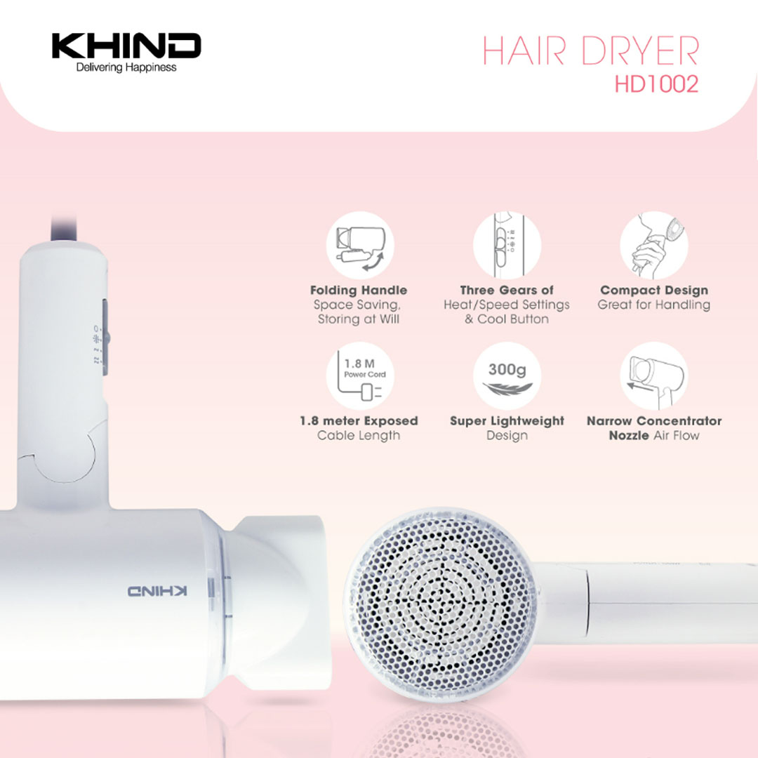 KHIND 1000W Hair Dryer HD1002 | Folding Handle - Space Saving, Storing at Will | Three Gears of Heat/Speed Settings & Cool Button | 1.8 Meter Exposed Cable Length | Hair Dryer with 1 Year Warranty