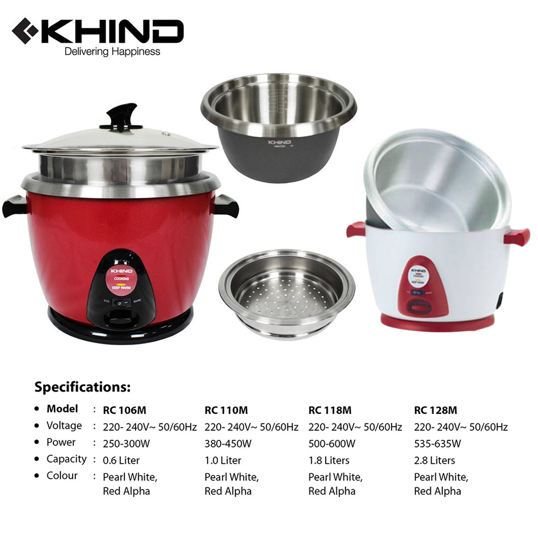 KHIND 1.8L Anshin Rice Cooker RC118M | Free Stainless Steel Steam Tray | Smart Switch | Keep Warm Switch | Rice Cooker with 3 Years Warranty