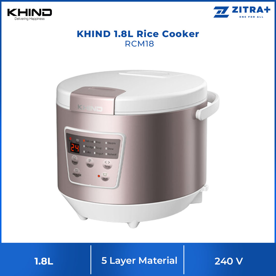 KHIND 1.8L Rice Cooker RCM18 | Energy Cohesion Black Quartz Inner Pot | 9 Functions Program | Vapor Proof Inner Cover | 360 degree Ring-Shaped Even Heating | Rice Cooker with 1 Year Warranty