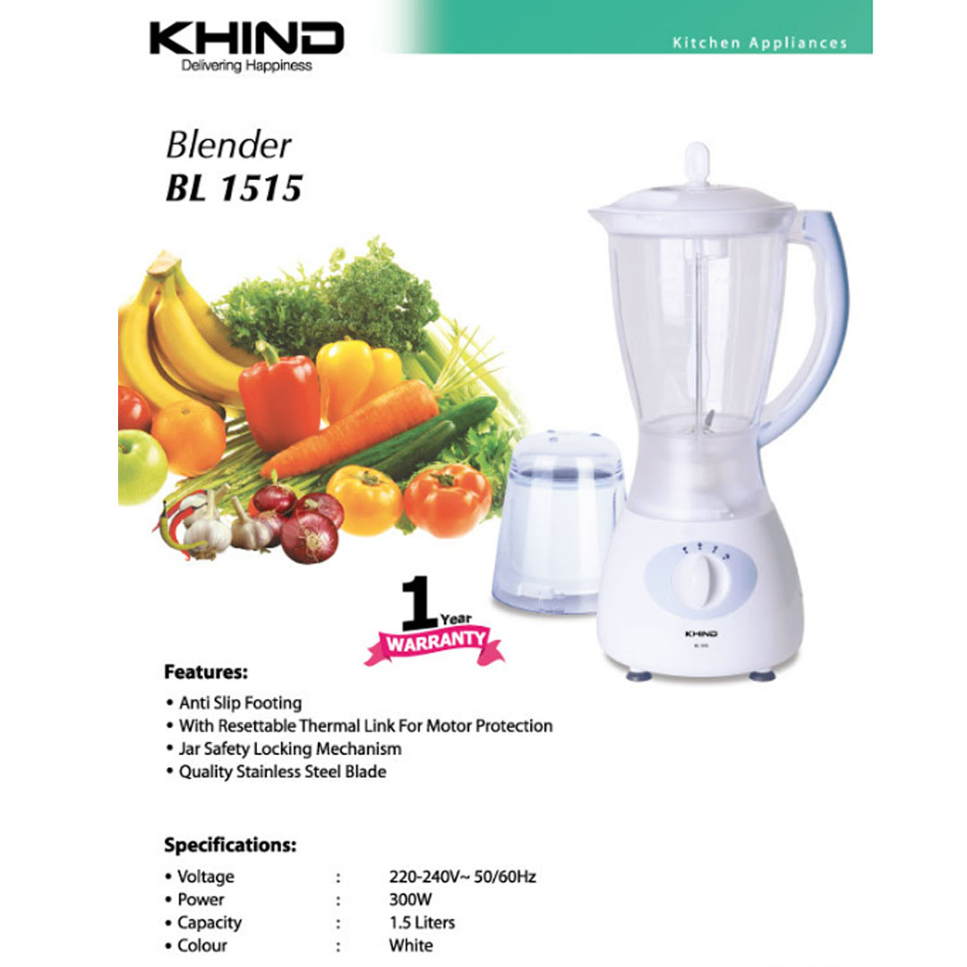 KHIND 1.5L Blender BL1515 | With Resettable Thermal Link for Motor Protection | Jar Safety Locking Mechanism | Quality Stainless Steel Blade | Blender with 1 Year Warranty