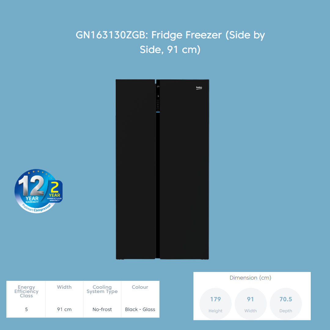 Beko 640L Side by side ProSmart Inverter Refrigerator GN163130ZGB | NeoFrost Dual Cooling | ProSmart Inverter Compressor | Active Odour Filter | Refrigerator with 2 Years General Warranty & 12 Years Motor Warranty