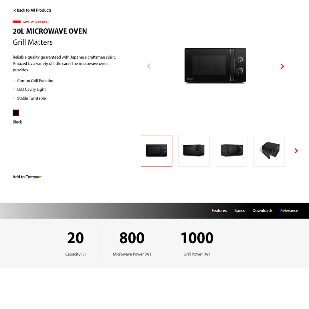 TOSHIBA 20L Microwave Oven MW-MG20P(BK) | Grill & Microwave Combination | 5 Power Levels | Even Defrosting | 35-Minute Timer | Microwave Oven with 1 Year Warranty