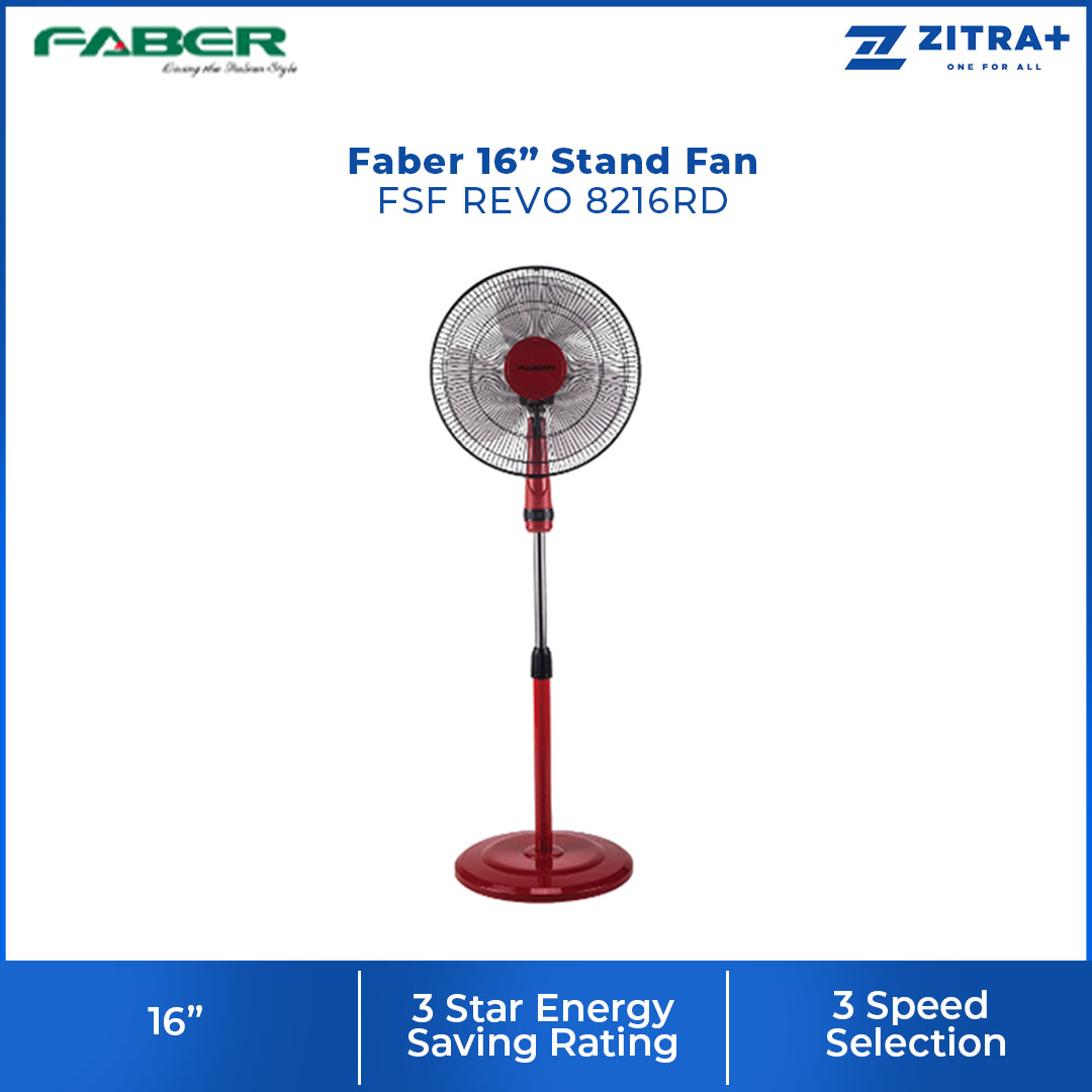 FABER 16" Stand Fan FSF REVO 8416BK / FSF REVO 8216RD / FSF REVO 8116GR | 3 Star Energy Rating | 3 Speed | 100% Copper Motor | 1265rpm Fan Speed | Stand Fan with 1 Year General Warranty & 2 Years Motor Warranty