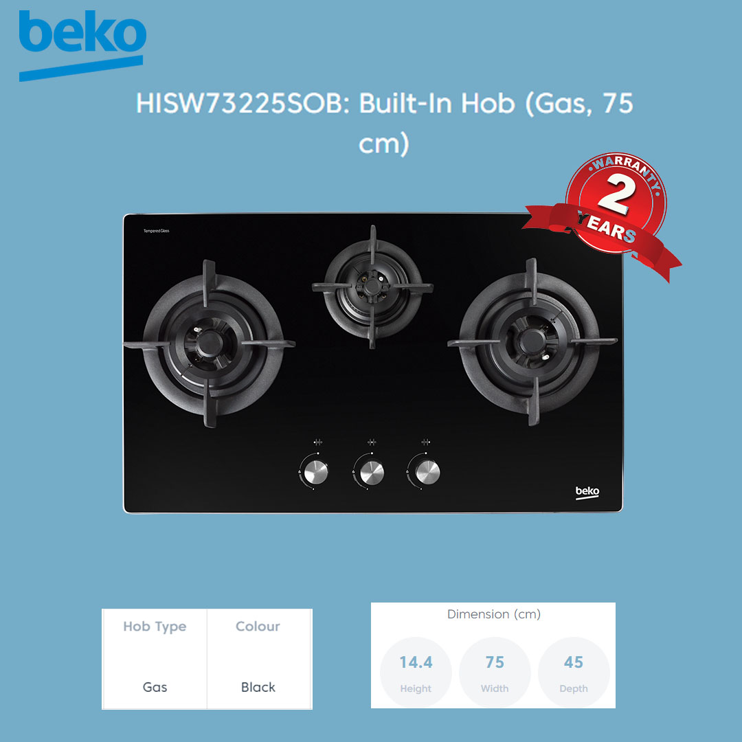 Beko 3 Burners Built-In Hob HISW73225SOB |  Automatic Gas Cut-Off | 2 Wok Burners and 1 Gas Burner | Cast-iron Pan Support | LPG Gas Type | Integrated Ignition | Built-In Hob with 2 Years Warranty