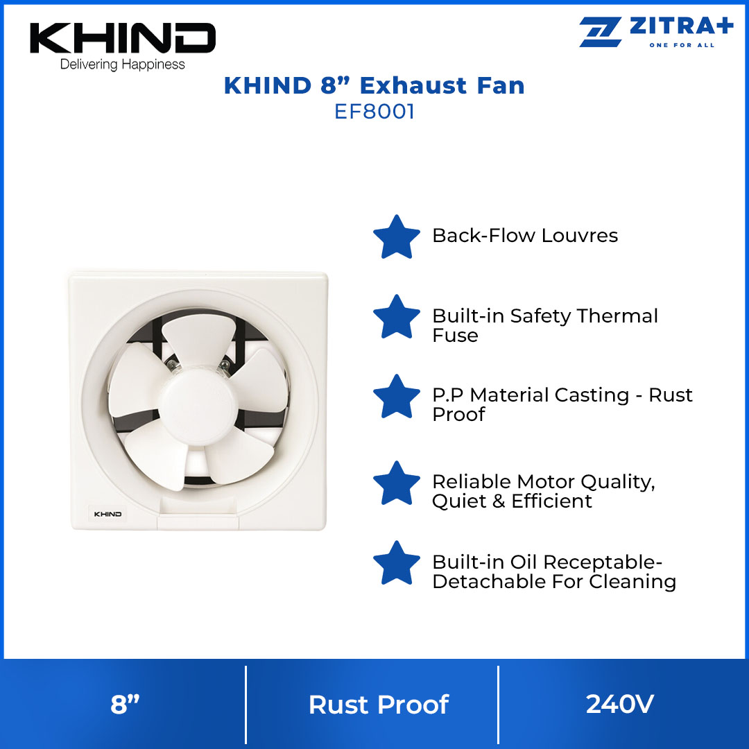 KHIND 8" Exhaust Fan EF8001 | Built-in Safety Thermal Fuse | Back-Flow Louvres | Built-in Oil Receptable-Detachable For Cleaning | Exhaust Fan with 1 Year General Warranty & 3 Years Motor Warranty