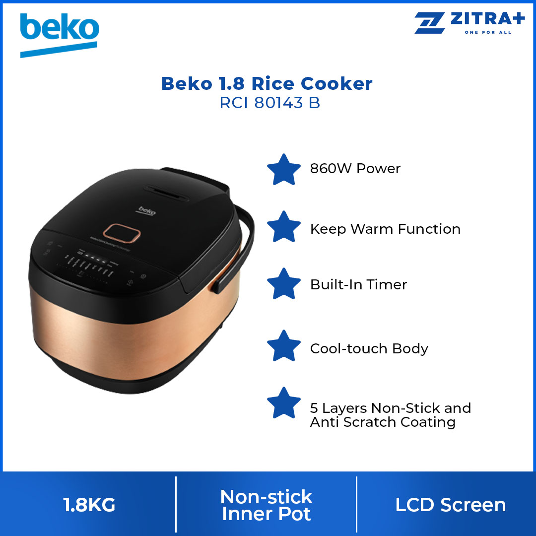 Beko 1.8L Rice Cooker RCI 80143 B | Induction Heating Rice Cooker Technology | 9 Preset Auto Programs | Keep Warm Function | Built-in Timer | LCD Screen | Cool-touch Body | Rice Cooker with 2 Years Warranty