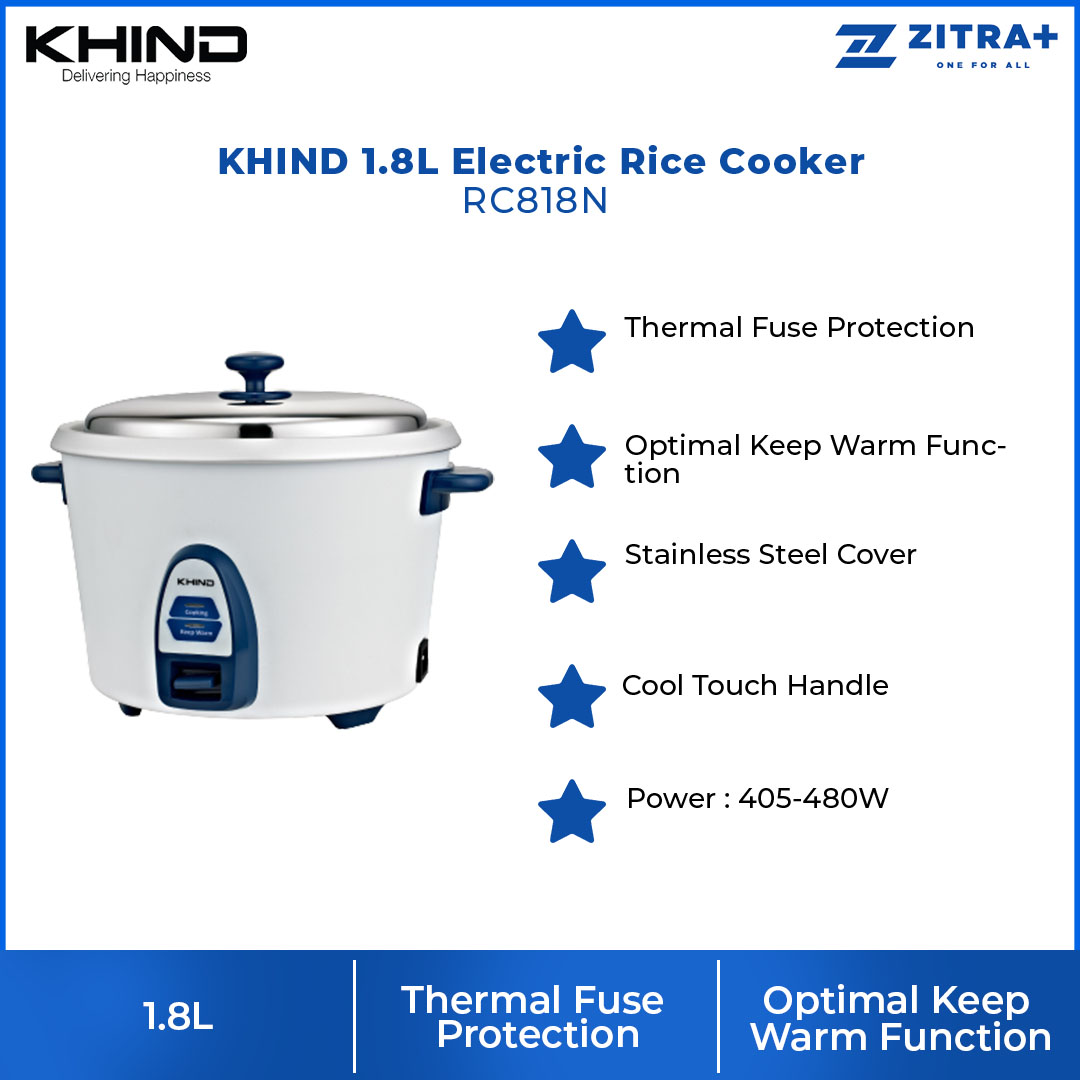 KHIND 1.8L Rice Cooker RC818N | Optimal Keep Warm Function | Thermal Fuse Protection to Prevent Overheating | Stainless Steel Cover | Rice Cooker with 2 Year Warranty