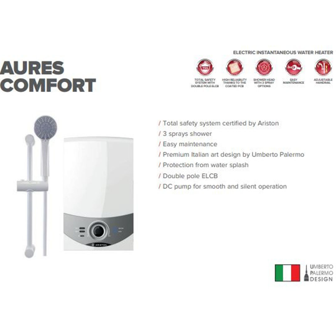 ARISTON 3600W DC Pump Electric Instant Water Heater SM36PESBS | 3 Sprays Shower | Protection From Water Splash | Double Pole ELCB | Water Heater with 1 Year General Warranty & 5 Years Heating Element Warranty