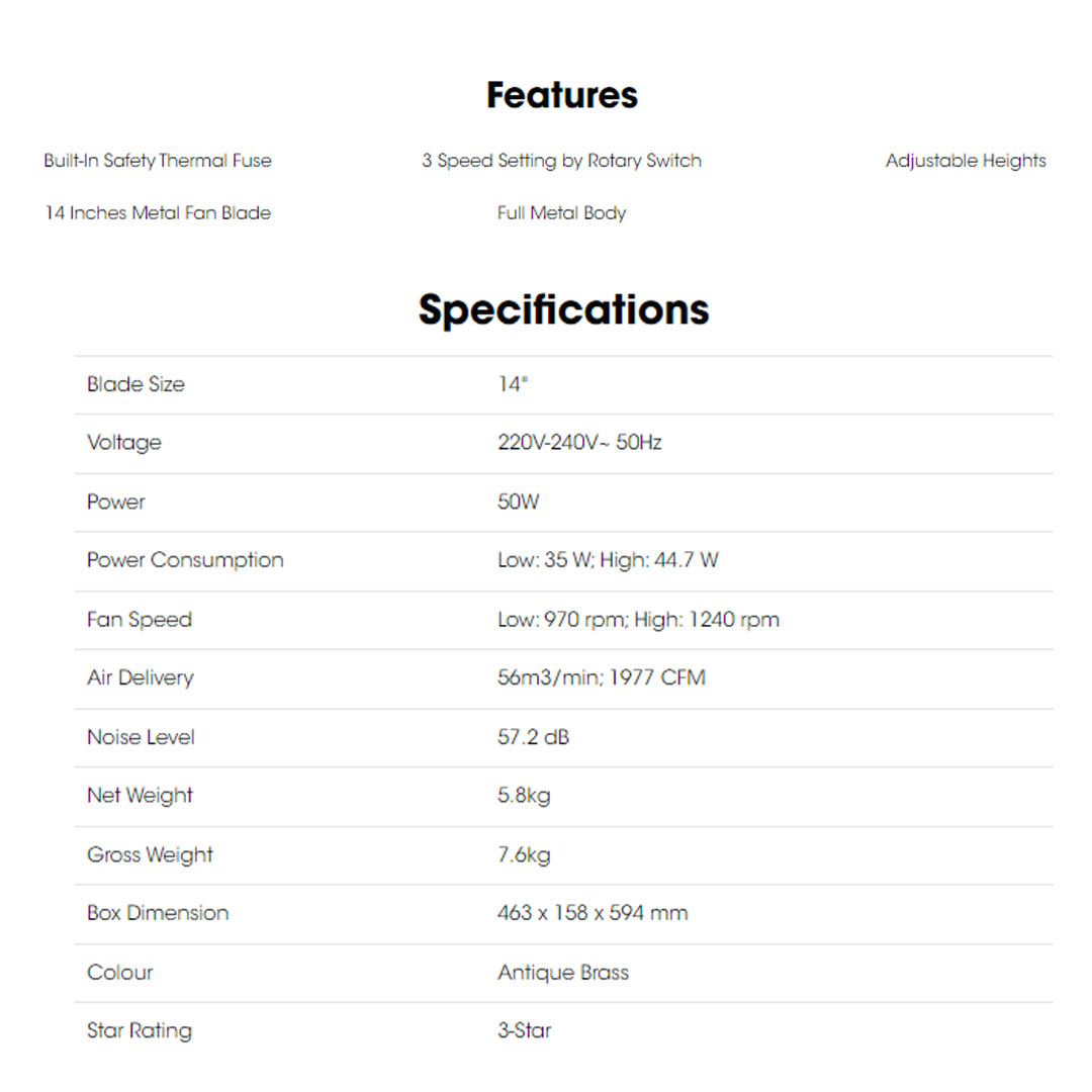 KHIND 14" Antique StandFan  SF141 | 3 Speed Setting | Built-In Safety Thermal Fuse | Adjustable Heights | Stand Fan with 1 Year General Warranty & 3 Years Motor Warranty