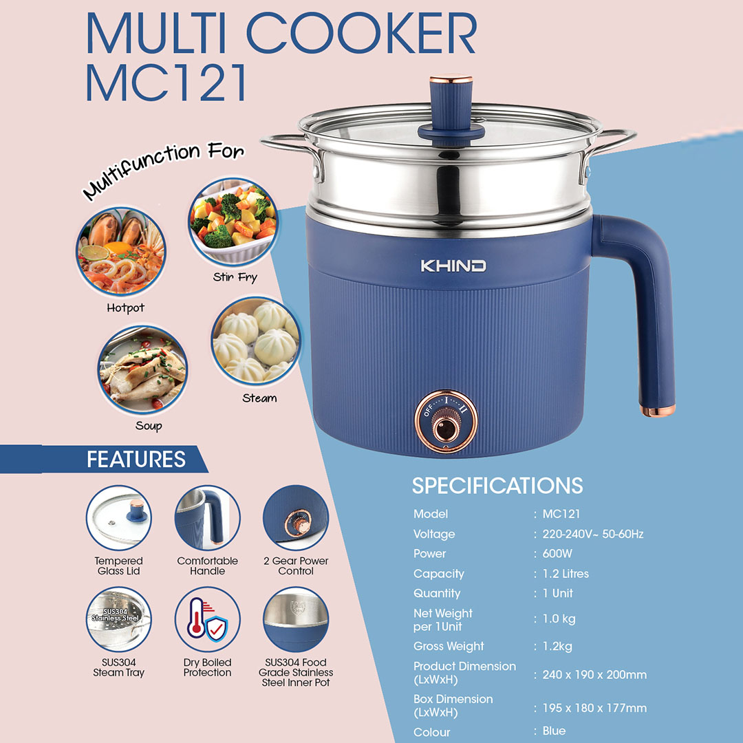 KHIND 1.2 Multi Cooker MC121 | SUS304 Steam Tray | Boil-Dry Protection | 2 Gear Power Control | Multi Cooker with 1 Year Warranty