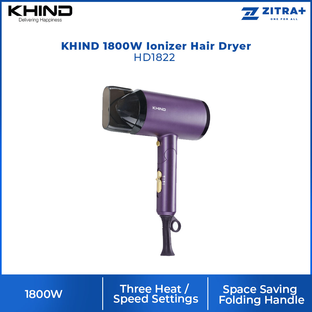 KHIND 1800W Ionizer Hair Dryer HD1822 | 3 Heat / Speed Settings & Cold Shot Button | Narrow Concentrator Nozzle for Smooth Focused Airflow | Space Saving Folding Handle | Hair Dryer with 1 Year Warranty