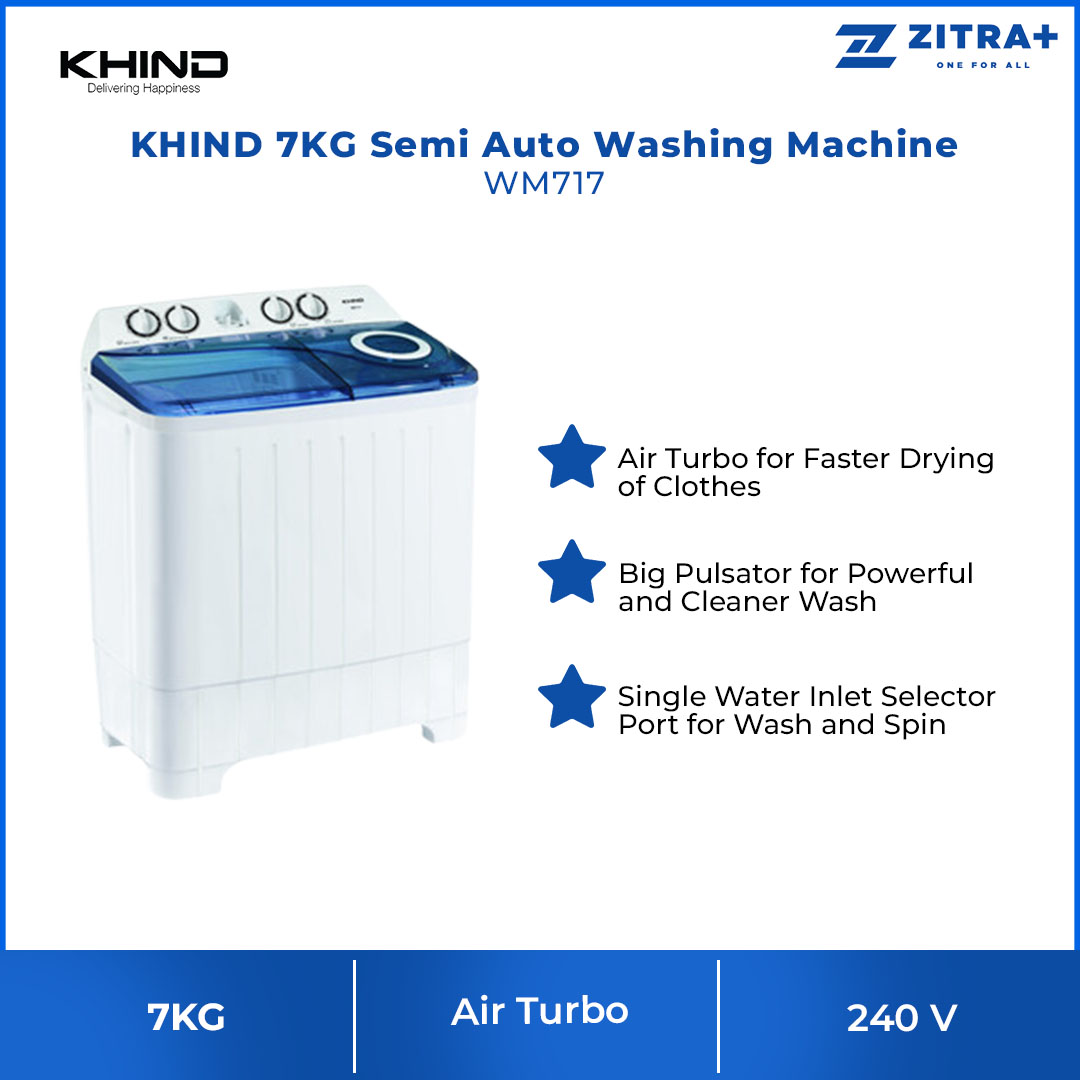 KHIND 7KG Top Load Semi Auto Washing Machine White WM717 | Big Pulsator for Powerful and Cleaner Wash | Air Turbo for Faster Drying of Clothes | Single Water Inlet Selector Port | Washing Machine with 1 Year General Warranty & 5 Years Motor Warranty