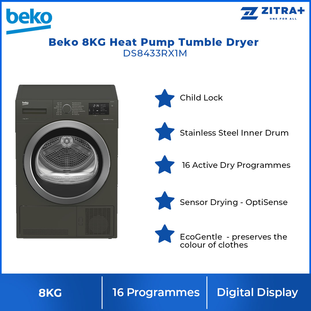 Beko 8KG Tumble Dryer DS8433RX1M | A++ Energy Efficiency Class | AquaWave Technology | Drying Technology Condenser | EcoGentle | Tumble Dryer with 2 Years General Warranty & 12 Years Motor Warranty