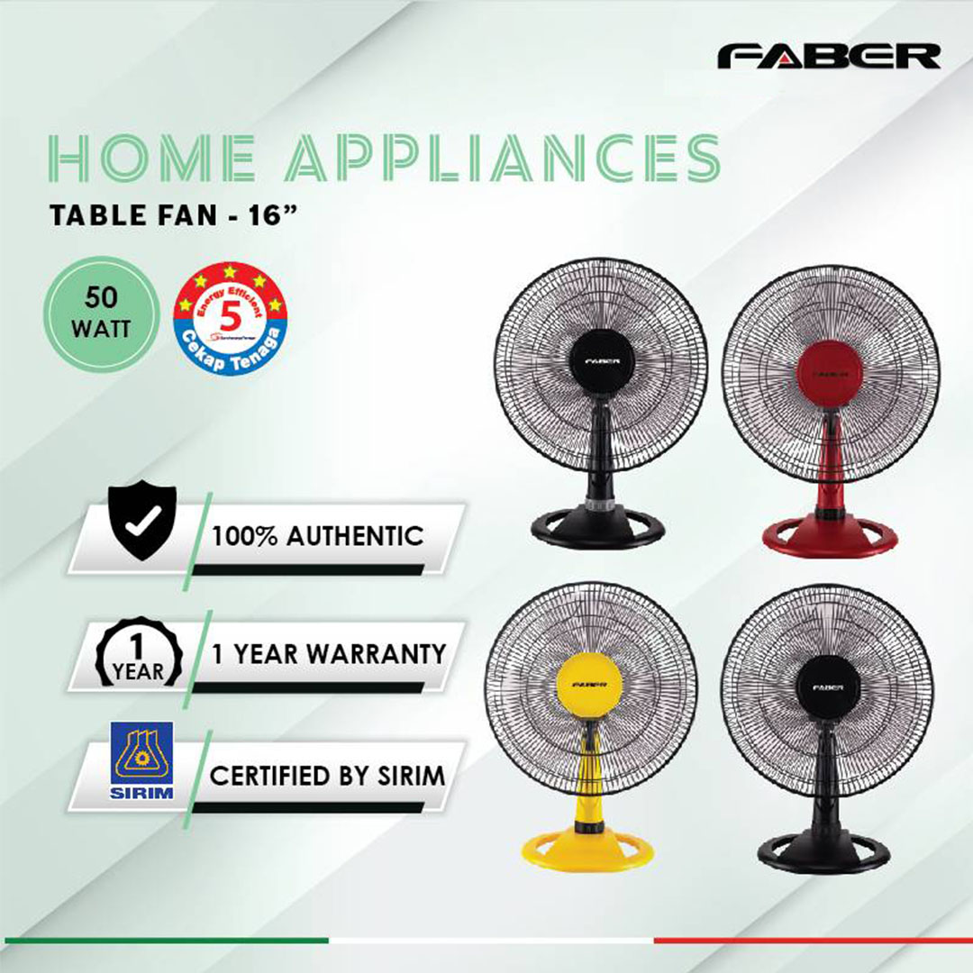 FABER 16" Table Fan FTF REVO 9116GR / FTF REVO 9216RD | 3 Speed | 100% Copper Motor | 5 Star Energy Rating | 51.5dB Noise Level | Table Fan with 1 Year General Warranty & 2 Years Motor Warranty
