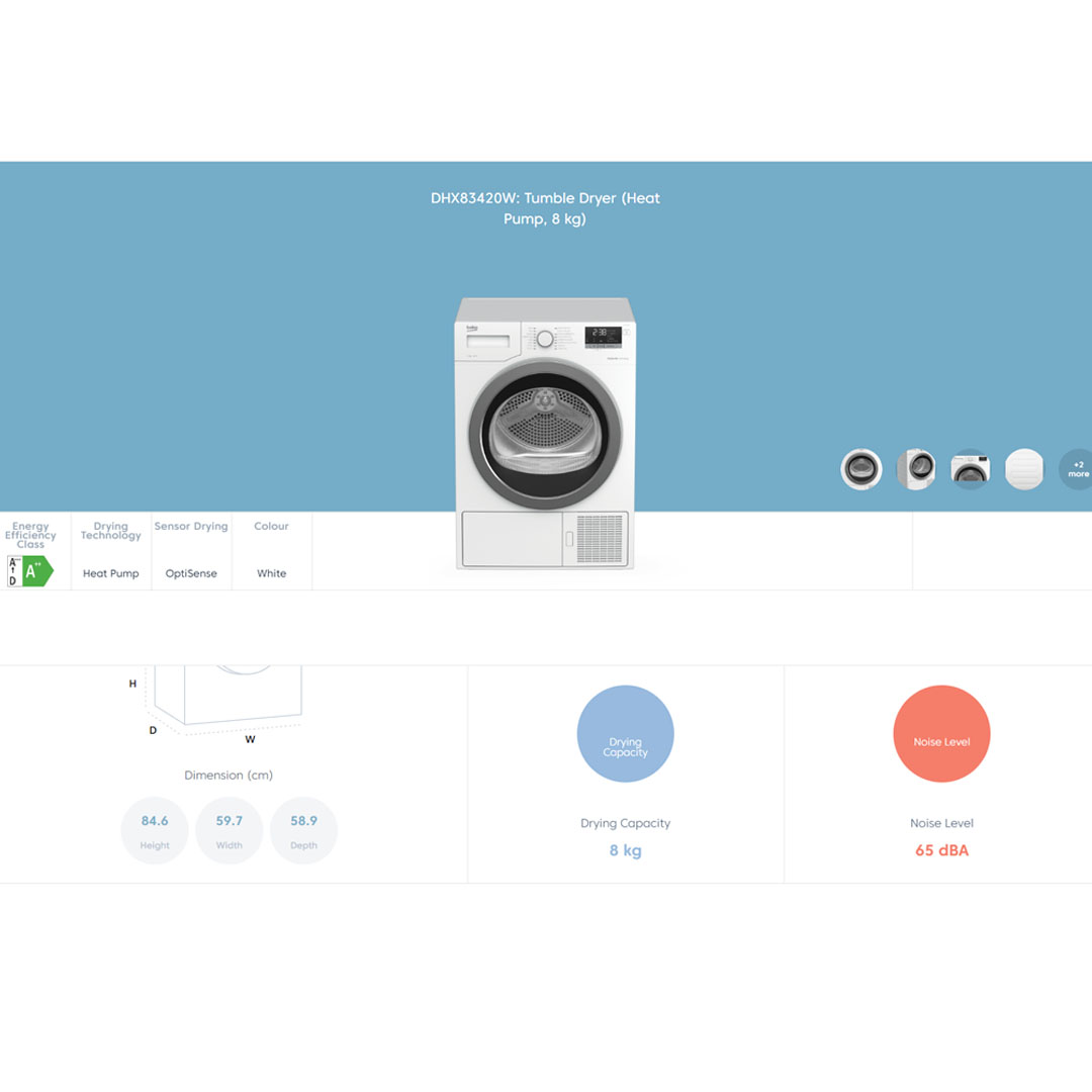 Beko 8KG Tumble Dryer DHX83420W | Child Lock | Digital Display | OptiSense | Reverse Drum Action | AquaWave | Tumble Dryer with 2 Year Warranty