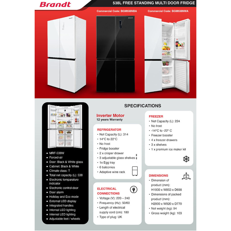Brandt 538L 4 Doors Inverter Refrigerator BGM538NWA | Crisper Drawer | Glass Shelves | Freezer Drawers | Refrigerator with 1 Year Warranty