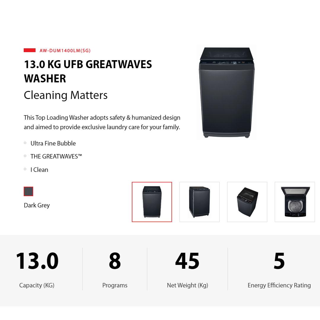 TOSHIBA 13KG Top Load UFB GREATWAVES Origin Inverter AW-DUM1400LM | Origin Inverter | I Clean | Easy Kit | Multi Programs | No Angular Design | Soft Close Lid | Child Lock | Tub Clean | DD Washer with 2 Year General & 3 Year Panel & 10 Year Motor Warranty