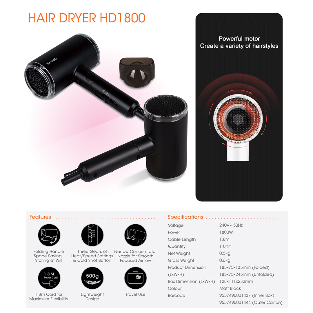 KHIND 1800W Hair Dryer HD1800 | 3 Heat / Speed Settings & Cold Shot Button | Narrow Concentrator Nozzle for Smooth Focused Airflow | Space Saving Folding Handle | Hair Dryer with 1 Year Warranty