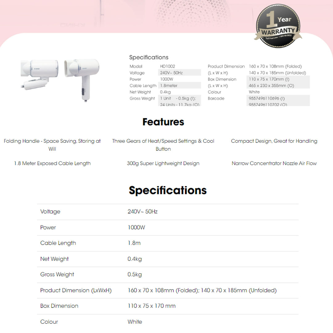 KHIND 1000W Hair Dryer HD1002 | Folding Handle - Space Saving, Storing at Will | Three Gears of Heat/Speed Settings & Cool Button | 1.8 Meter Exposed Cable Length | Hair Dryer with 1 Year Warranty