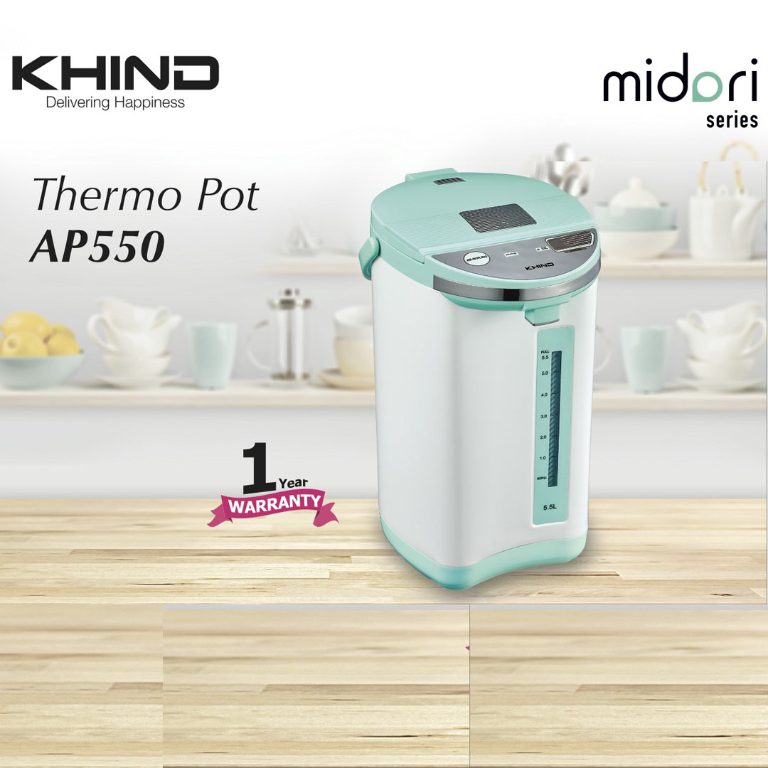 KHIND 5.5L Thermopot AP550 | SUS304 Stainless Steel Inner Pot | Automatic Boiling & Keep Warm with Reboiling Option | Boil-Dry & Overheat Protection | Thermo Pot with 1 Year Warranty