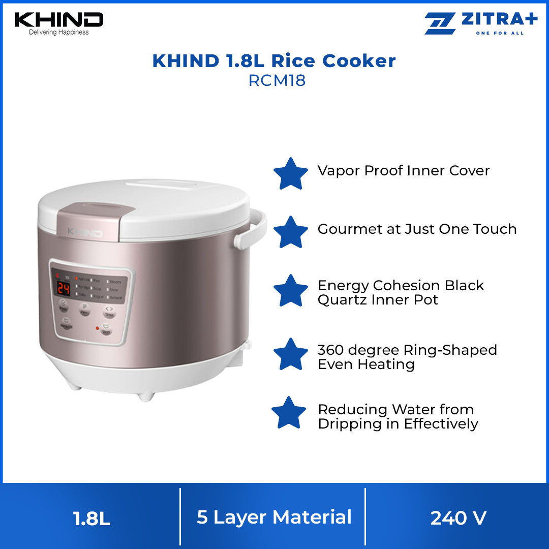 KHIND 1.8L Rice Cooker RCM18 | Energy Cohesion Black Quartz Inner Pot | 9 Functions Program | Vapor Proof Inner Cover | 360 degree Ring-Shaped Even Heating | Rice Cooker with 1 Year Warranty