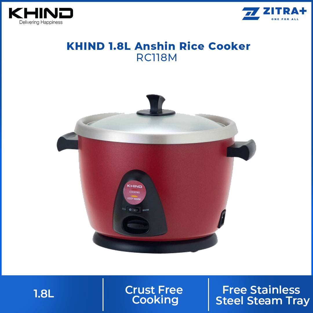 KHIND 1.8L Anshin Rice Cooker RC118M | Free Stainless Steel Steam Tray | Smart Switch | Keep Warm Switch | Rice Cooker with 3 Years Warranty