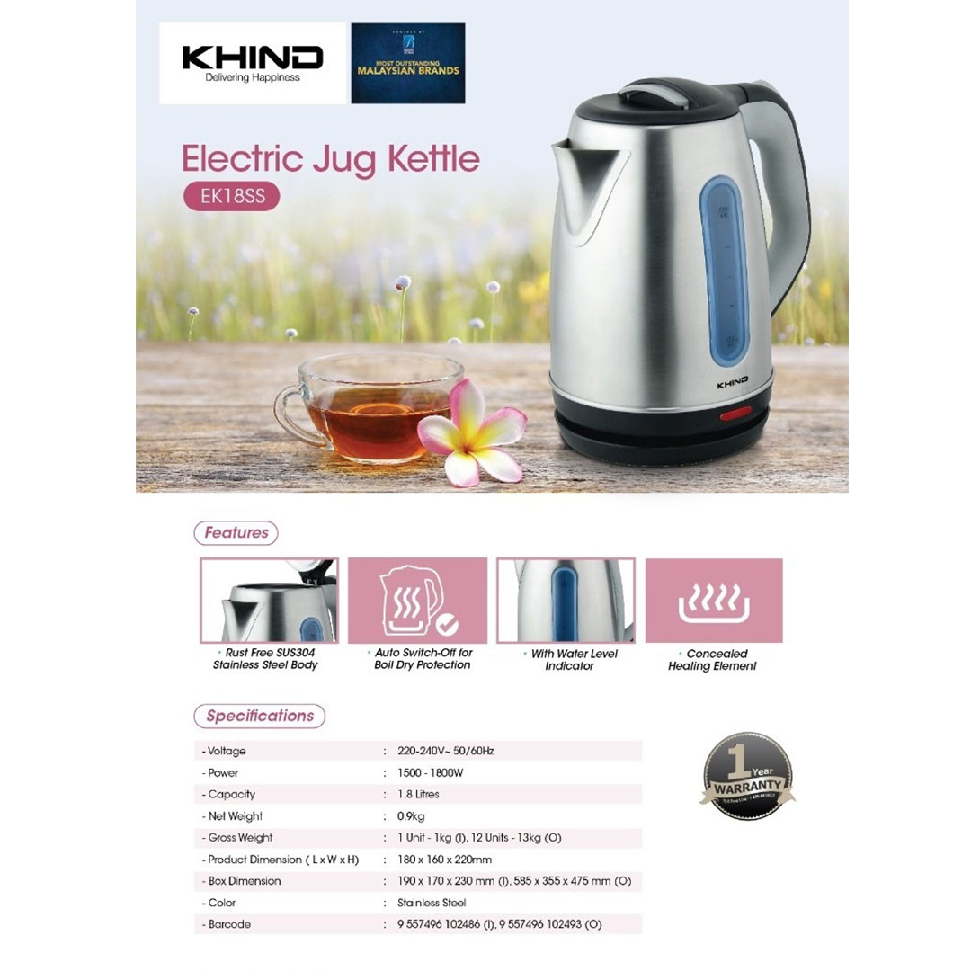 KHIND 1.8L Electric Jug Kettle EK18SS | Rust Free SUS304 Stainless Steel Body | Auto Switch-Off for Boil Dry Protection | Concealed Heating Element | Kettle with 1 Year Warranty