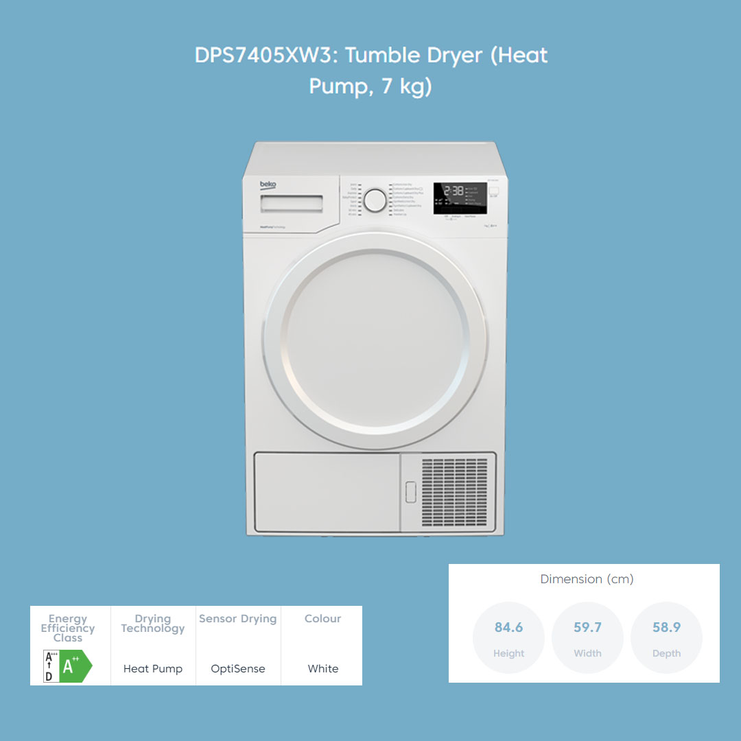 Beko 7KG Heat Pump Tumble Dryer DPS7405XW3 | A++ Energy Efficiency Class | AquaWave Technology | HeatPump Technology | EcoGentle | Tumble Dryer with 2 Years General Warranty & 12 Years Motor Warranty