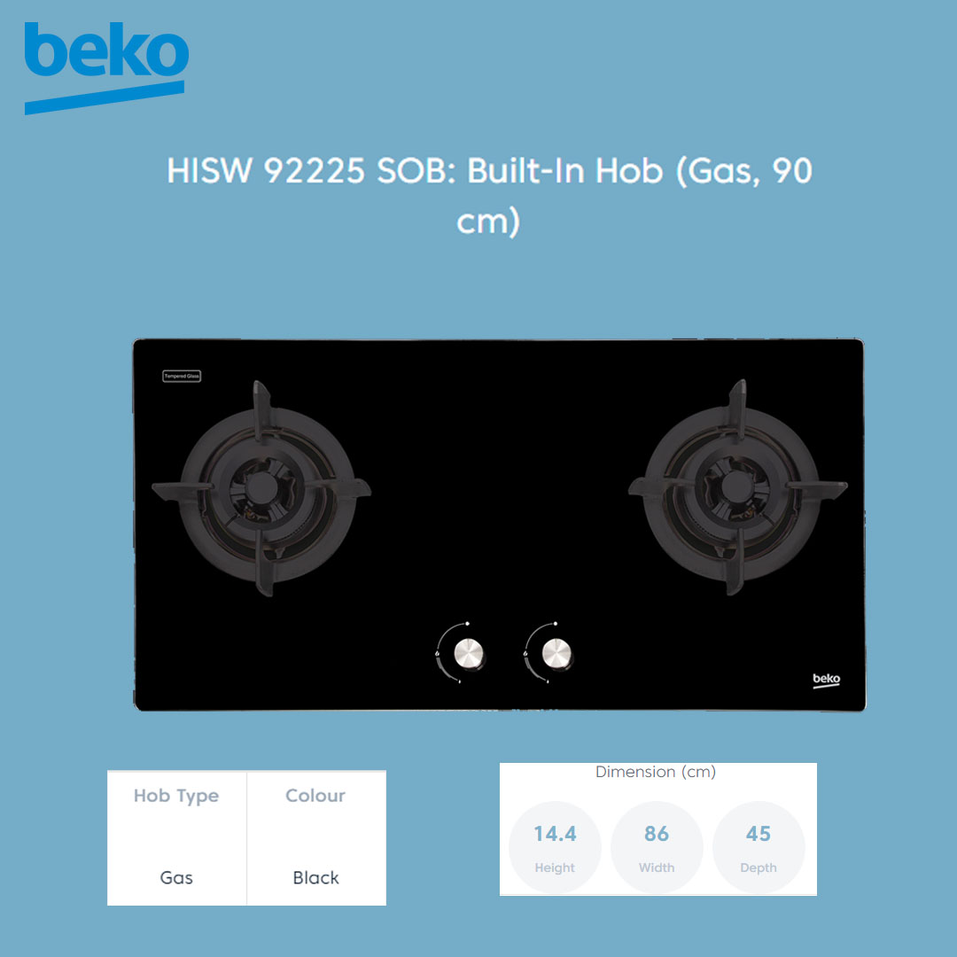 Beko 2 Burners Built-In Hob HISW 92225 SOB |  Automatic Gas Cut-Off | Cast-iron Pan Support | LPG Gas Type | Integrated Ignition | Built-In Hob with 2 Years Warranty
