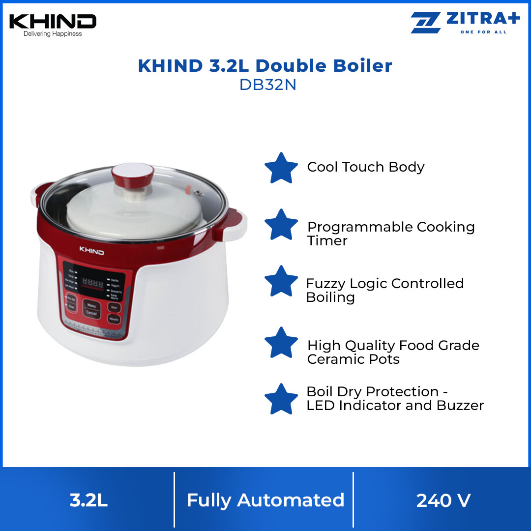 KHIND 3.2L Double Boiler DB32N | 2 in 1 Function - Double Boiling & Soup Cooking | With Boil Dry Protection | Free Recipe Book | Double Boiler with 2 Years Warranty