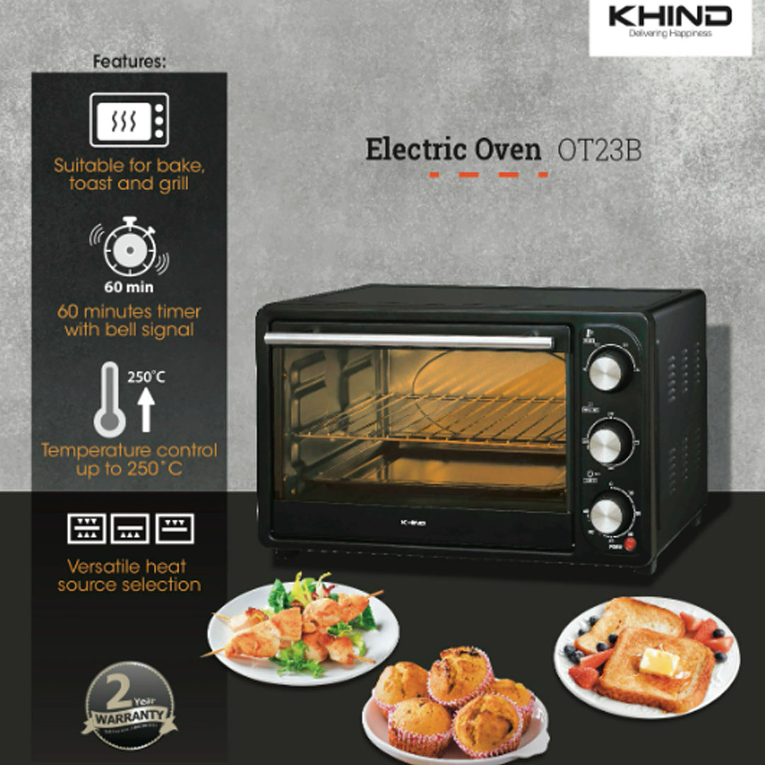 KHIND 23L Electric Oven OT23B | 60 Minutes Timer with Bell Signal | Versatile Heat Source Selection | Temperature Control | Oven with 2 Years Warranty