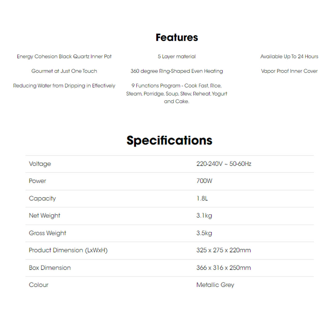 KHIND 1.8L Rice Cooker RCM18 | Energy Cohesion Black Quartz Inner Pot | 9 Functions Program | Vapor Proof Inner Cover | 360 degree Ring-Shaped Even Heating | Rice Cooker with 1 Year Warranty