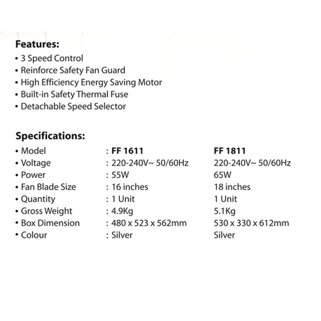 KHIND 16" Floor Fan FF1611 | Built-in Safety Thermal Fuse | High Efficiency Energy Saving Motor | 3 Speed Selection | Detachable Speed Selector | Floor Fan with 1 Year General Warranty & 3 Years Motor Warranty