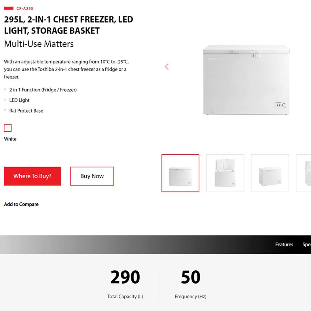 TOSHIBA 295L Chest Freezer CR-A295M | Chest Freezer with Refrigerator Mode | Removable Storage Basket | Chest Freezer with 1 Year Warranty