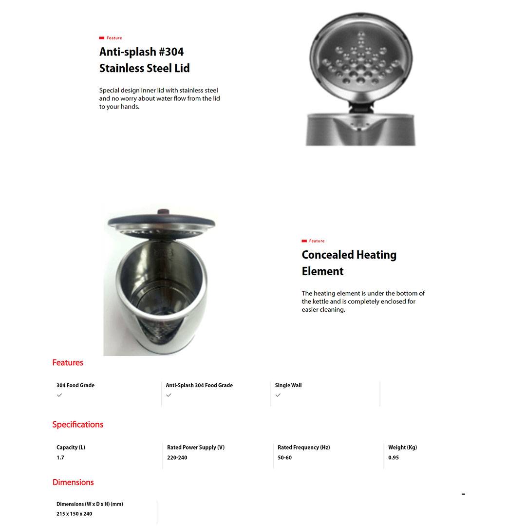 TOSHIBA 1.7L Kettle KT-17SH1NMY | Stainless Steel | Auto Shut-Off Protection | Kettle with 1 Year Warranty