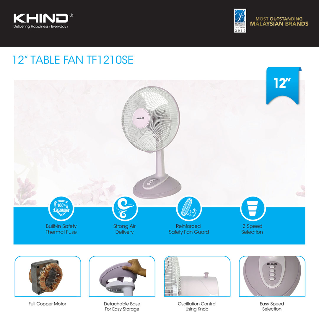 KHIND 12" Table Fan TF1210SE | 3 Speed Selection | Built-in Safety Thermal Fuse | Strong Air Delivery | Full Copper Motor | Table Fan with 1 Year General Warranty & 3 Years Motor Warranty
