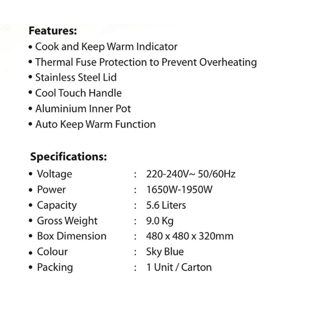 KHIND 5.6L Rice Cooker RC561 | Automatic Keep Warm Function | Built-In Thermal Fuse Protection to Prevent Overheating | Aluminium Inner Pot | Rice Cooker with 1 Year Warranty