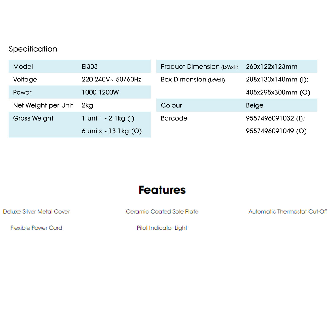 KHIND 1200W Electric Dry Iron EI303 | Ceramic Coated Sole Plate | Automatic Thermostat Cut-Off | Pilot Indicator Light | Deluxe Silver Metal Cover | Iron with 1 Year Warranty