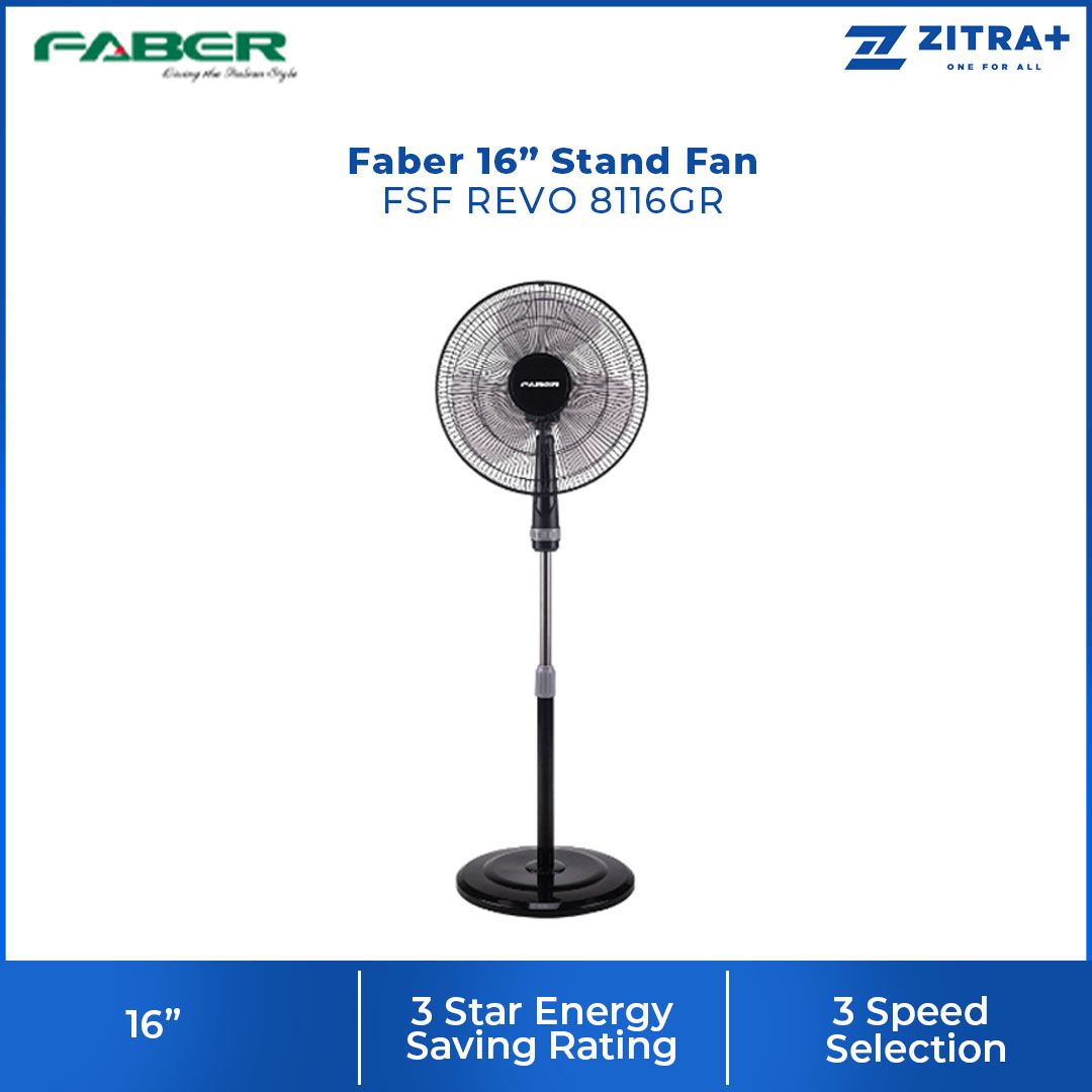 FABER 16" Stand Fan FSF REVO 8416BK / FSF REVO 8216RD / FSF REVO 8116GR | 3 Star Energy Rating | 3 Speed | 100% Copper Motor | 1265rpm Fan Speed | Stand Fan with 1 Year General Warranty & 2 Years Motor Warranty